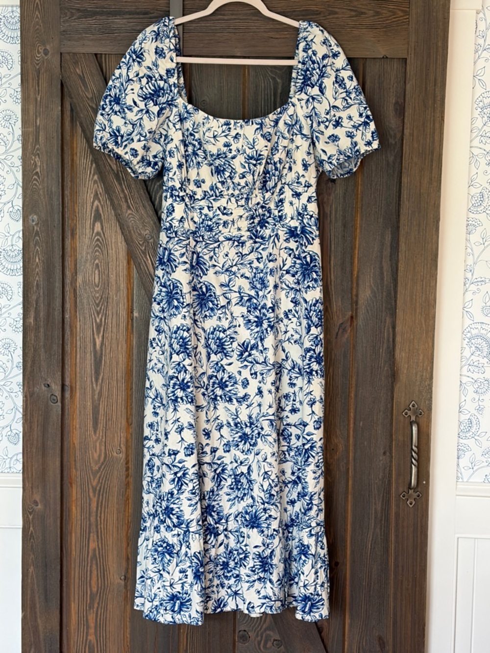London Times Blue Floral Scoop-Neck Midi Dress